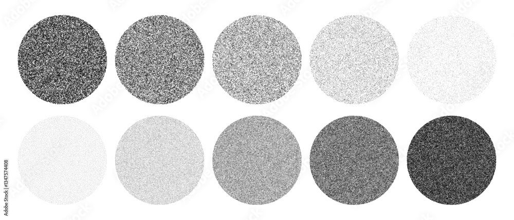 Poster grainy noise circles vector set. dot grain texture circles. spray texture sand and dissolving circle