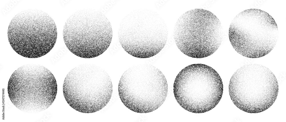 Poster grainy noise circles vector set. dot grain texture circles. spray texture sand and dissolving circle
