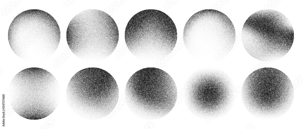 Poster grainy noise circles vector set. dot grain texture circles. spray texture sand and dissolving circle