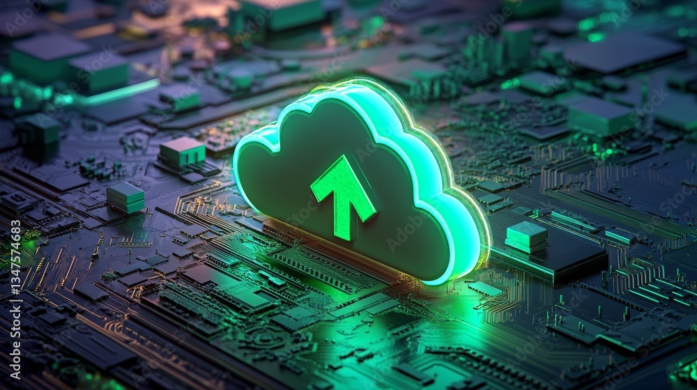 Poster green data storage technology is depicted as a 3d concept with a cloud icon illuminated in neon, pla