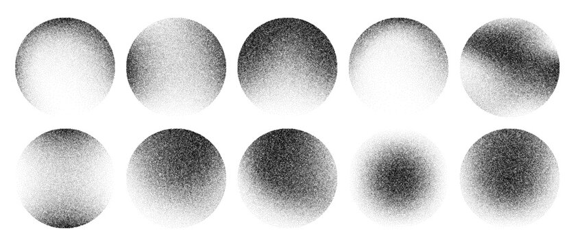 Grainy noise circles vector set. Dot grain texture circles. Spray texture sand and dissolving circles. Abstract black spheres with gradient stipple pattern.  Vector illustration