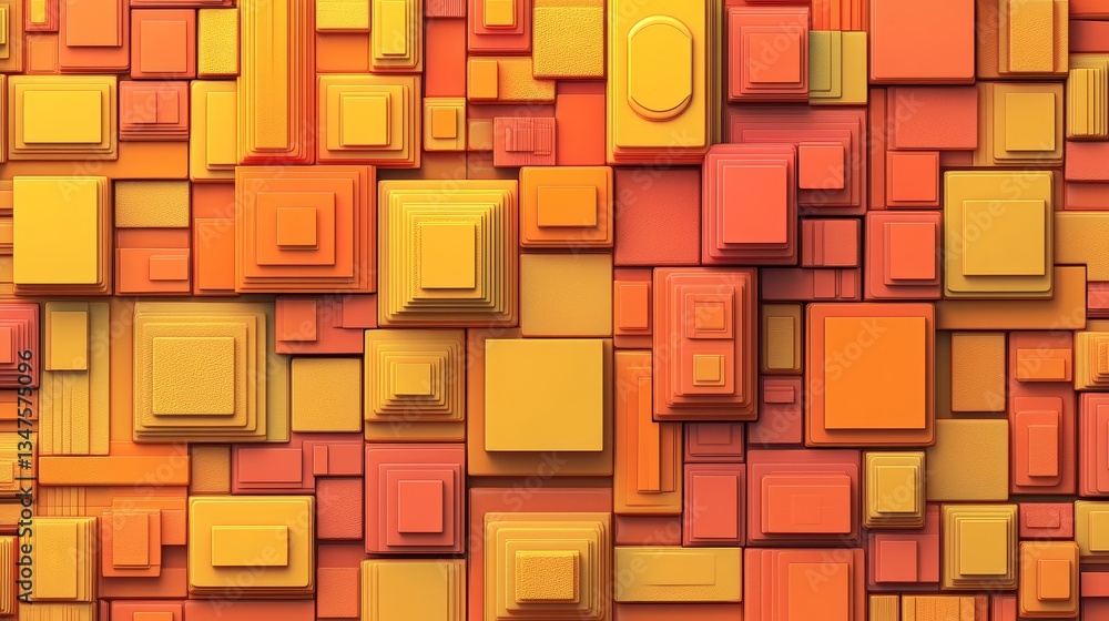 Poster translucent blocks of orange and yellow, precisely aligned, come together to form a futuristic tech 