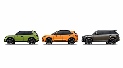 Pixel Art Representation Of Three Different Colored SUVs In Profile View On A White Background