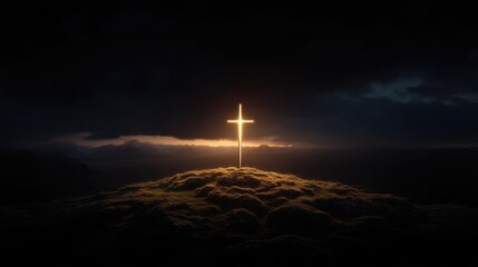Obraz premium Illuminated cross atop a hill at night