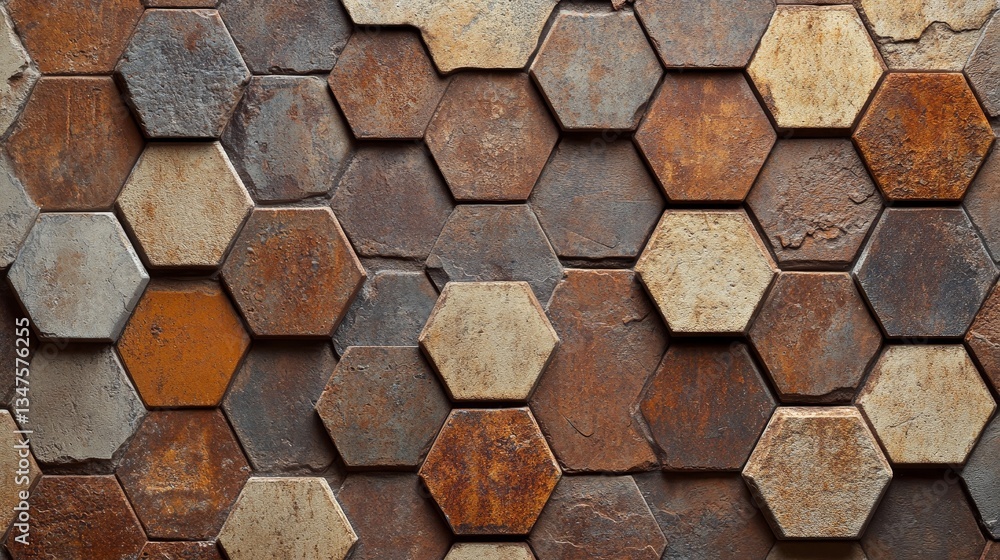 Poster polished natural stone mosaic tiles are arranged to resemble a wall, with a background consisting of