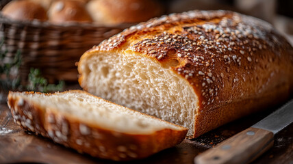Loaf of sliced sesame bread on a rustic kitchen table.