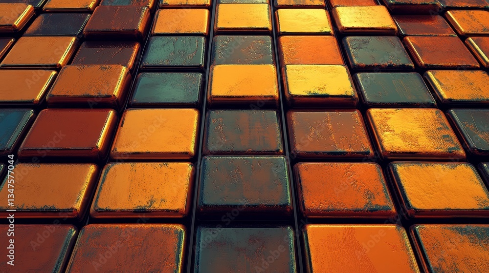 Poster perfectly aligned glossy cubes in shades of orange and yellow are set against a futuristic tech back