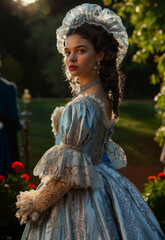 victorian woman, wearing a white ball gown and tiara, wearing an elaborate gown. The scene in garden