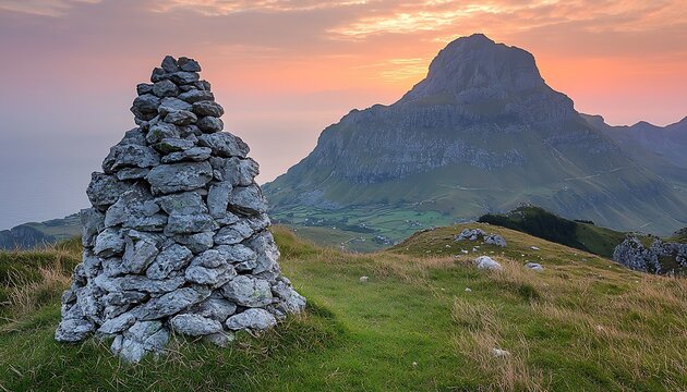 Sunrise cairn, mountain peak, grassy meadow