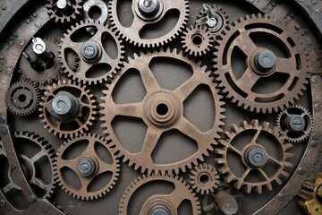 Intricate network of interlocking gears displays mechanical engineering and design intricacies in a vintage setting