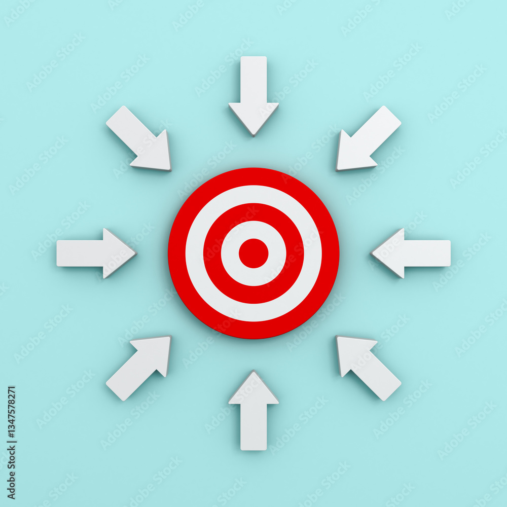 Leinwandbilder focus white arrows aiming or pointing to goal target or dart board isolated on blue pastel color bac
