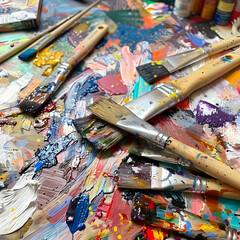Obraz premium Palette with brushes and colorful paints inspires artistic creativity