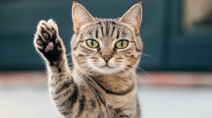 National Pet Day, Adorable Tabby Cat Raising Paw Friendly Feline Pet Close Up Portrait