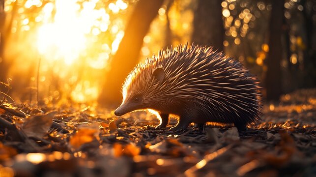 Bathed golden hour light short beaked echidna move through sun dappled forest spine catching last warm ray of evening interplay of light shadow enhances rich texture of quill creating inviting