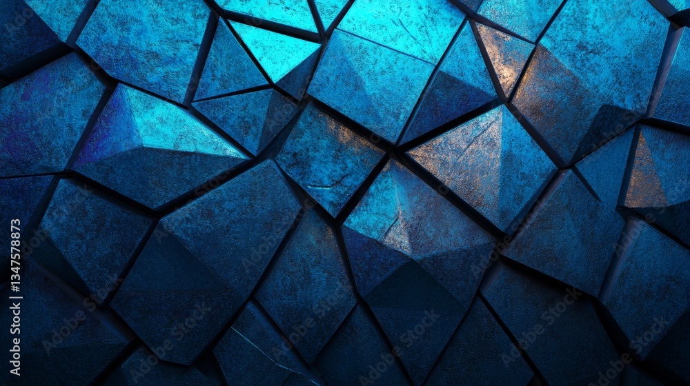 Poster illuminated blue geometric 3d banner showcasing a modern surface with triangular pyramids in neon