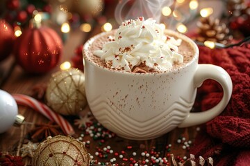 A Festive Scene: Close-up of Hot Cocoa with Whipped Cream and Sprinkles, Surrounded by Holiday Decor and Twinkling Lights