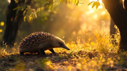 Bathed golden hour light short beaked echidna move through sun dappled forest spine catching last warm ray of evening interplay of light shadow enhances rich texture of quill creating inviting
