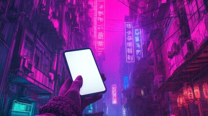 The mockup features a sci-fi cell phone against the stunning backdrop of a city skyline at night with pink and yellow neon lights