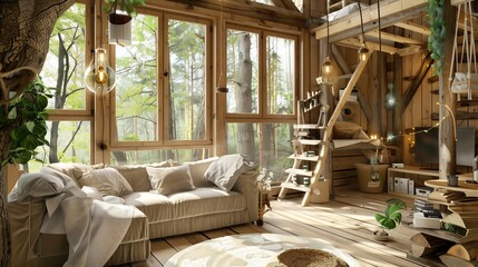 Cozy small treehouse living room wooden interior warm rustic charm large window overlooking nature white isolated background