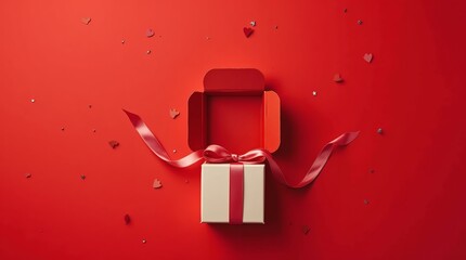 Open Empty Gift Box Red Minimal, An open, empty gift box with a ribbon on the lid