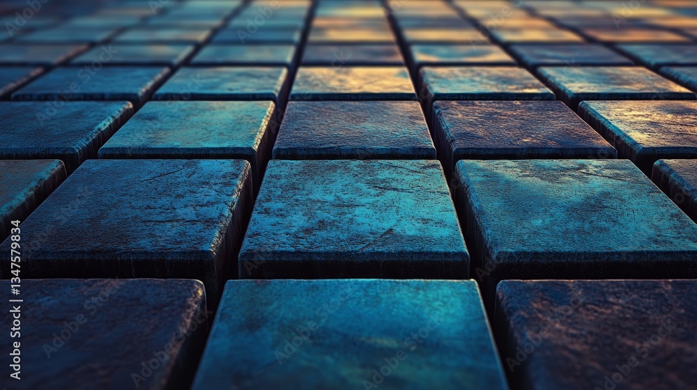 Poster this 3d render features glossy blue and black cubes that are perfectly aligned to create a modern te