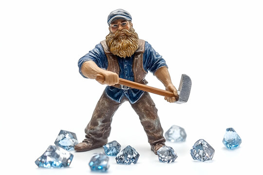 Bearded miner holding a pickaxe with diamonds scattered around, vibrant and isolated on white --ar 3:2 - Image #3 @fme39856