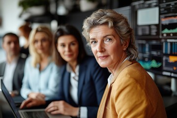 Obraz premium Professionals analyze economy forecasts and financial charts on laptops in a modern office setting, showcasing teamwork and focus
