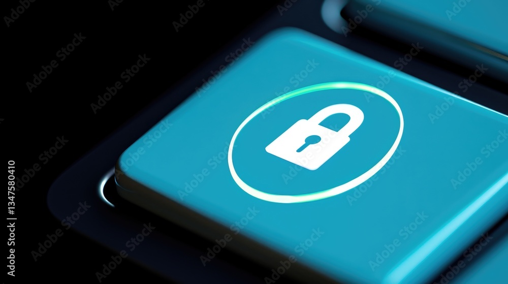 Poster secure online privacy concept illuminated lock icon on teal keyboard key