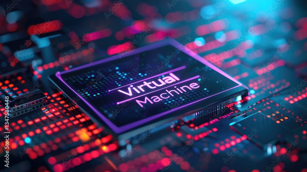 Poster futuristic virtual machine chip close up of a glowing digital processor showcasing virtual machine t