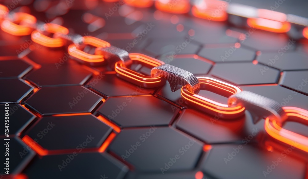 Poster glowing red chain on hexagon background abstract technology concept