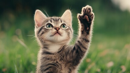 Obraz premium National Pet Day, Adorable Tabby Kitten Reaching Up in Lush Green Grass Outdoor Pet Photography