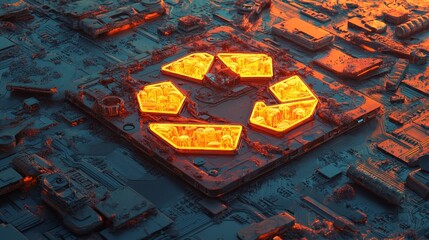 Obraz premium An orange and yellow neon light recycle icon is prominently displayed as a vibrant colored eco technology symbol on a black background with a sleek, high-tech floor in this 3D render