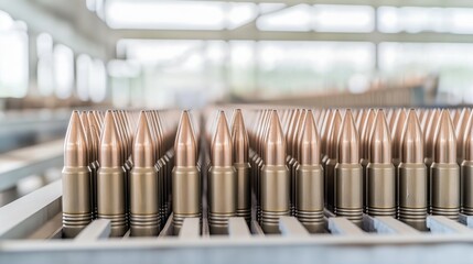 Close up of ammunition production showcasing bullets in war industry with copy space for text or design purposes