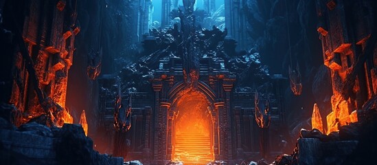 Mysterious Dark Cave with Fiery Elements and Ancient Structures