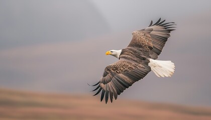 Bald Eagle Soaring with Misty Landscape.