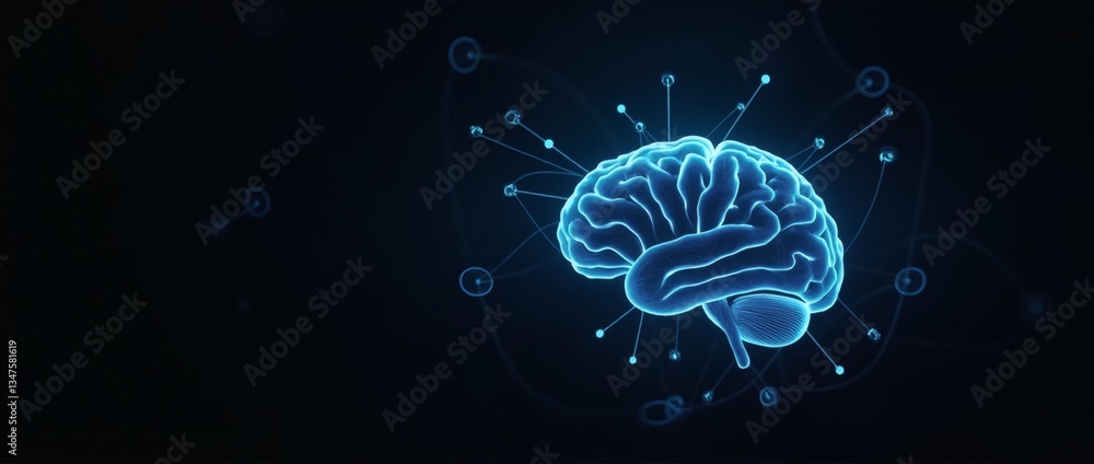 Poster a stylized brain with a glowing outline, glowing brain ai neural network