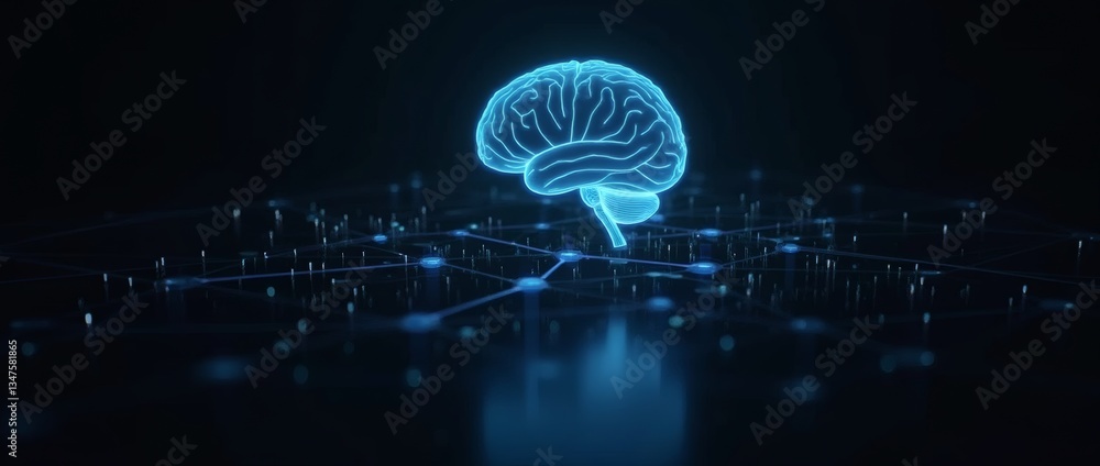 Poster a stylized brain with a glowing outline, glowing brain ai neural network