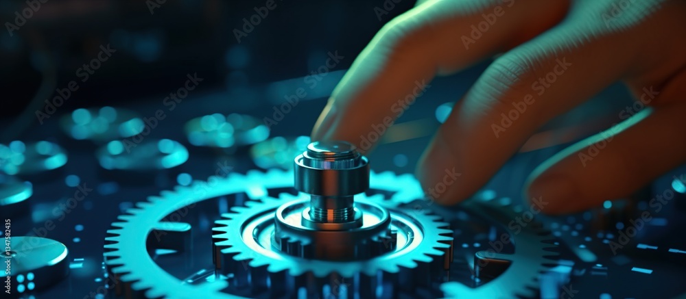 Poster close-up of hand adjusting mechanical gears in futuristic setting