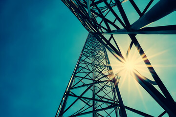 Fototapeta premium Cellular network tower in a low-angle view with the sun shining in the blue sky
