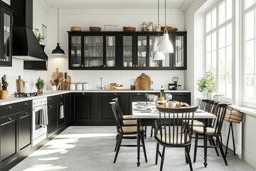 Black & white modern farmhouse kitchen with dining area