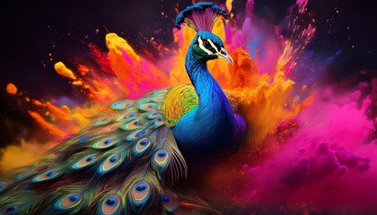 Stylized peacock with a flowing tail that blends seamlessly into vibrant Holi powder splashes — a colorful fusion of Indian art, festival energy, and elegant decorative design.
