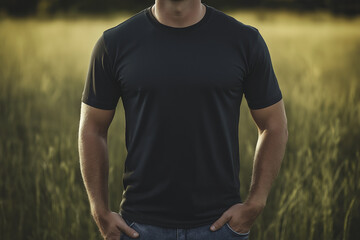 Fototapeta premium Photo real mock up of a black shirt mock up, male mock up, neck down, rustic feel, outdoorsy vibe