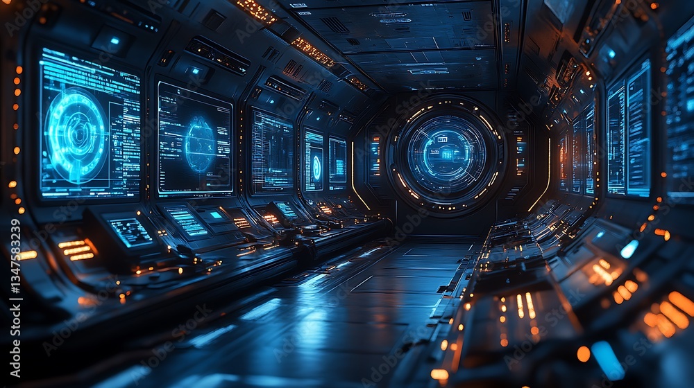 Poster futuristic command center interior with glowing screens and advanced technology panels in a spaceshi