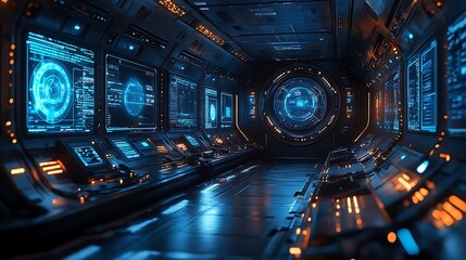 Futuristic Command Center Interior with Glowing Screens and Advanced Technology Panels in a Spaceship or Science Lab.