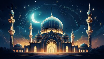 Stylized artistic sketch of a glowing mosque under a night sky with a bright crescent moon &mdash; a serene, spiritual illustration perfect for Ramadan, Islamic art, and cultural design themes.
