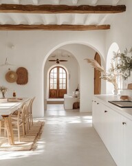Sunlight-filled Mediterranean farmhouse kitchen and dining area