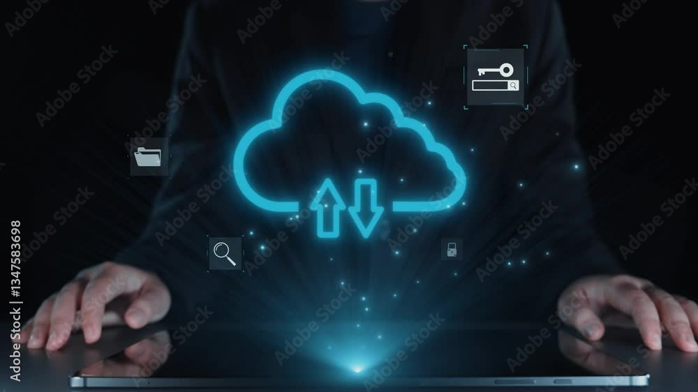 Poster this image illustrates the concept of cloud technology with data transfer symbols and security icons