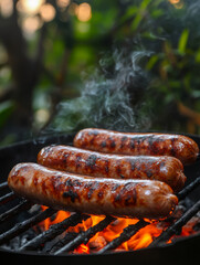 Three sausages being grilled on a barbecue with smoke rising.