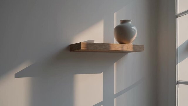 Warm sunlight filtering through white ceramic vase, creating gentle shadows on light oak shelf against pristine wall backdrop, revealing soft daylight nuances