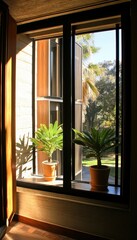 Sunlight streams into a room, illuminating potted plants on a windowsill overlooking a tranquil garden scene.